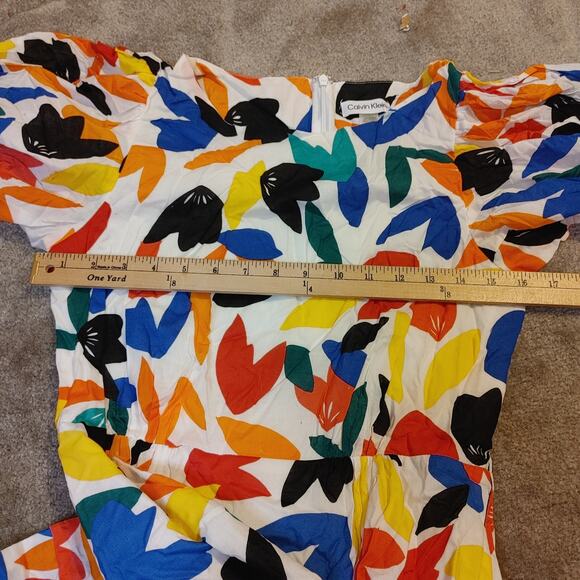 Calvin Klein Size 6 Dress Vibrant Abstract Puff Sleeve Midi Cotton Unique Trendy - Picture 3 of 10